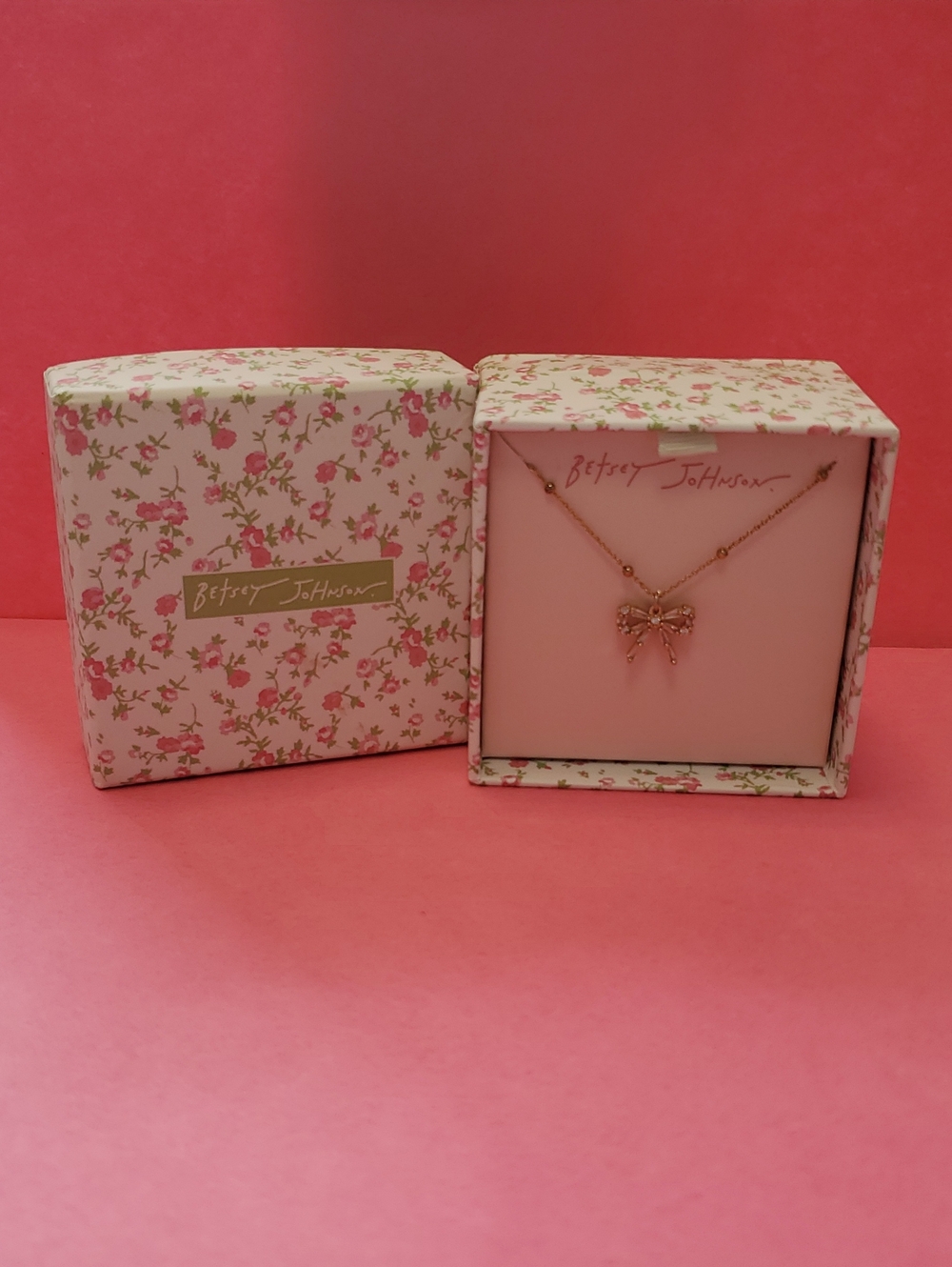 Betsey Johnson Rose Gold Bow Pendant Necklace with Pink Floral Box
